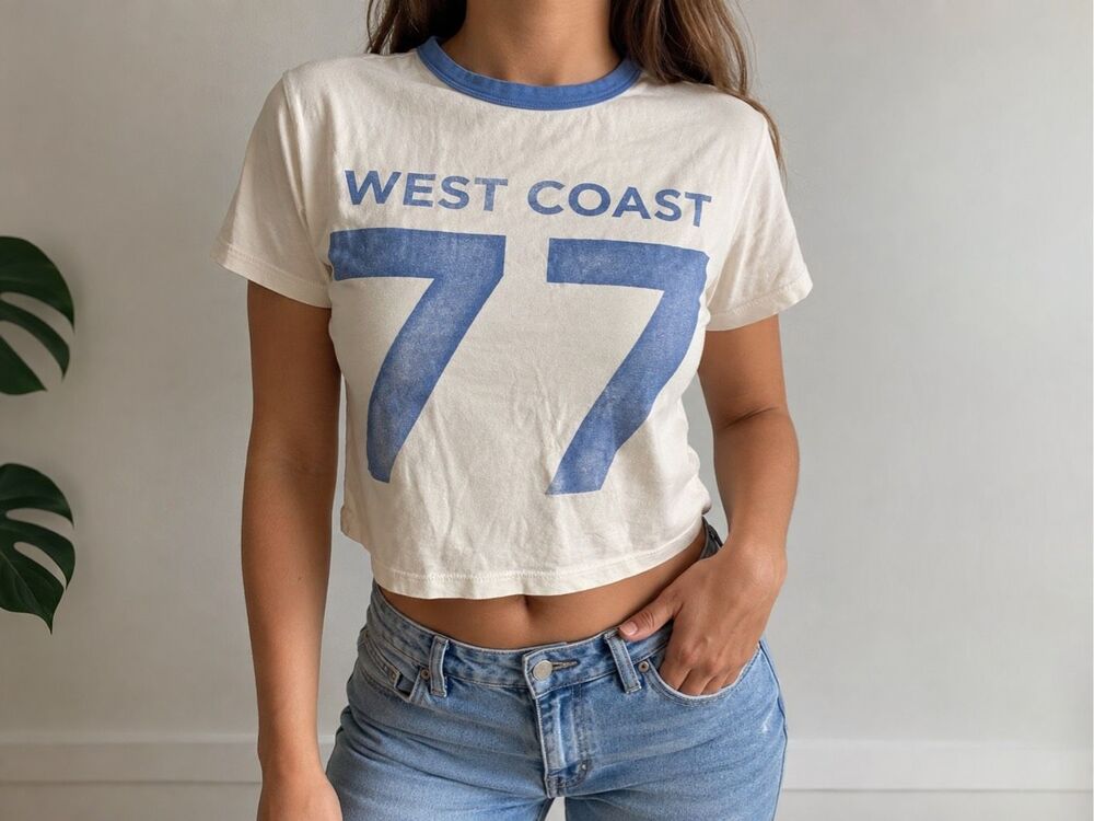 American Eagle XS West Coast 77 Graphic Ringer Tee Y2K Coastal Baby Tee